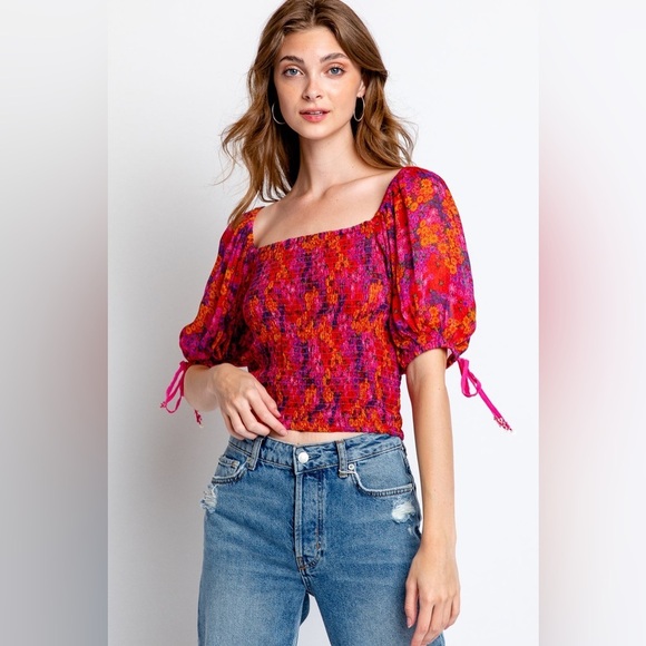 Free People Tops - Free People Floral Print Women's Smocked Puff Sleeve Crop Top  Hot Pink NWT